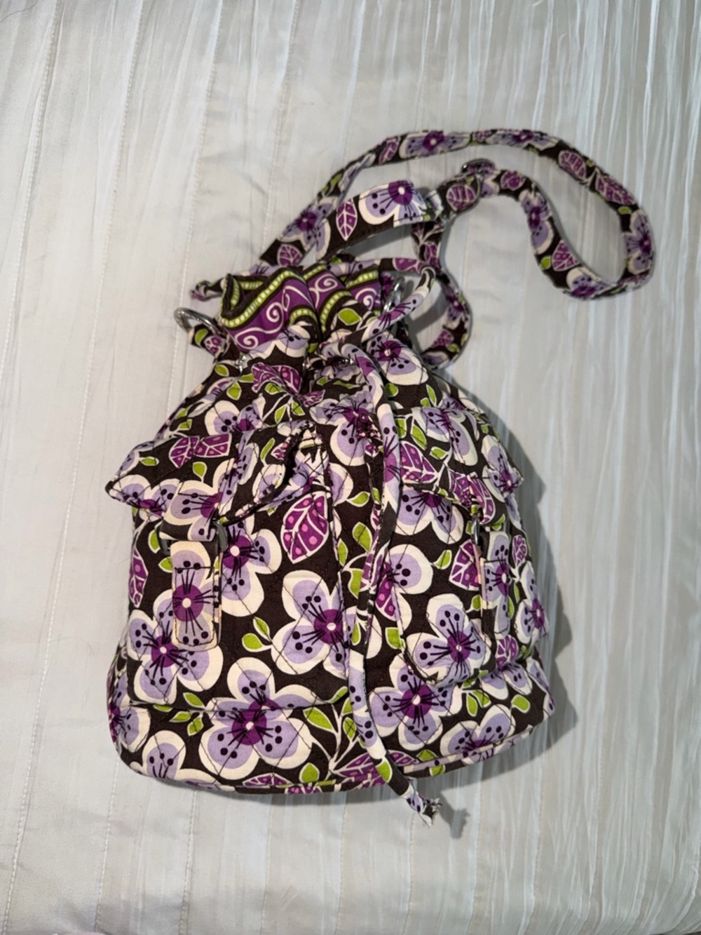 Vera Bradley Plum Petals Drawstring Crossbody Bag Bucket Bag Purse